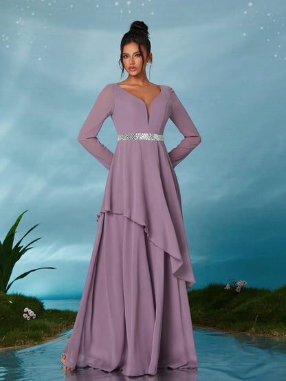Long Sleeve Sequin Belt Layered Chiffon Asymmetrical Hem Maxi Dress