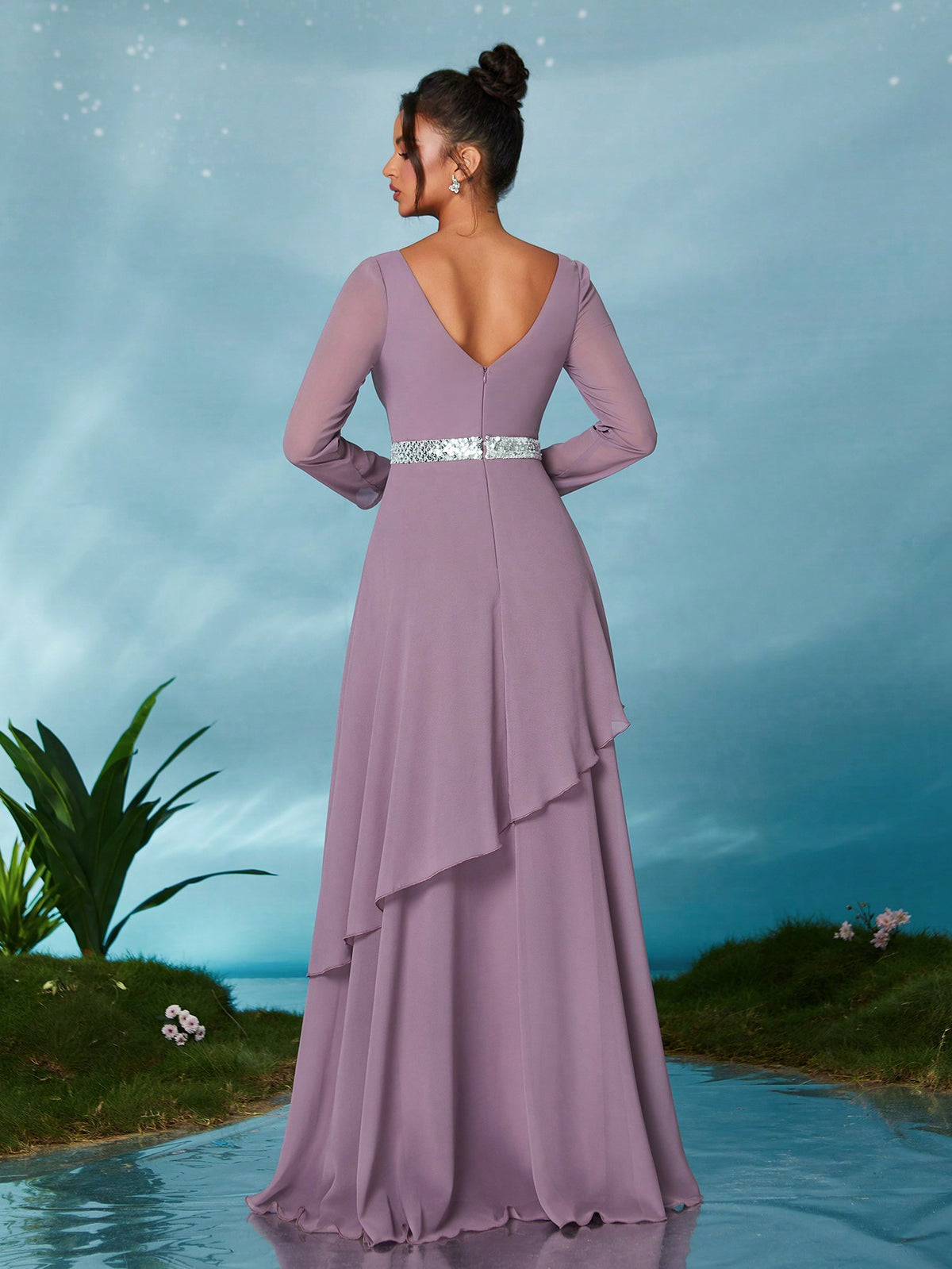 Long Sleeve Sequin Belt Layered Chiffon Asymmetrical Hem Maxi Dress