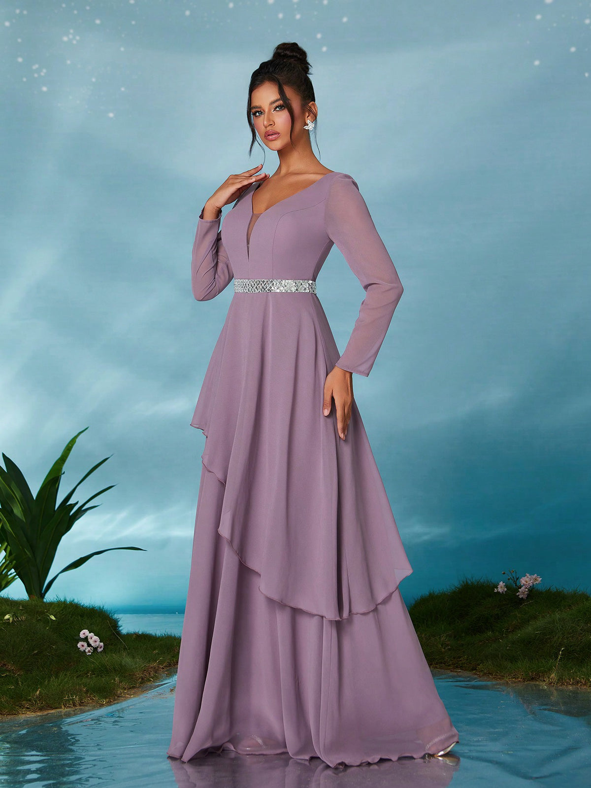 Long Sleeve Sequin Belt Layered Chiffon Asymmetrical Hem Maxi Dress