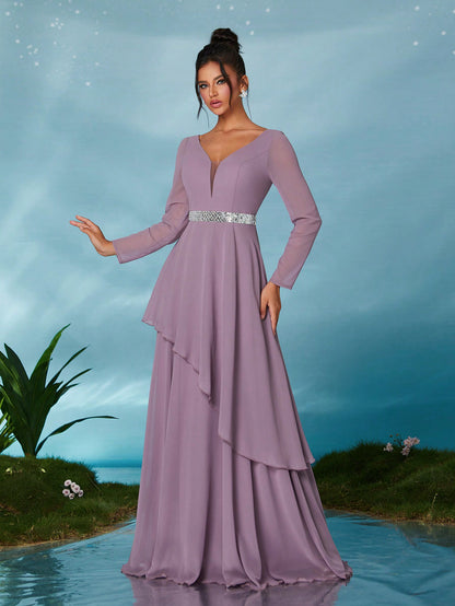 Long Sleeve Sequin Belt Layered Chiffon Asymmetrical Hem Maxi Dress