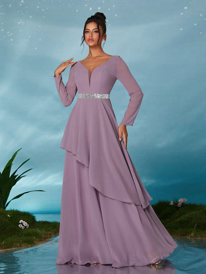 Long Sleeve Sequin Belt Layered Chiffon Asymmetrical Hem Maxi Dress