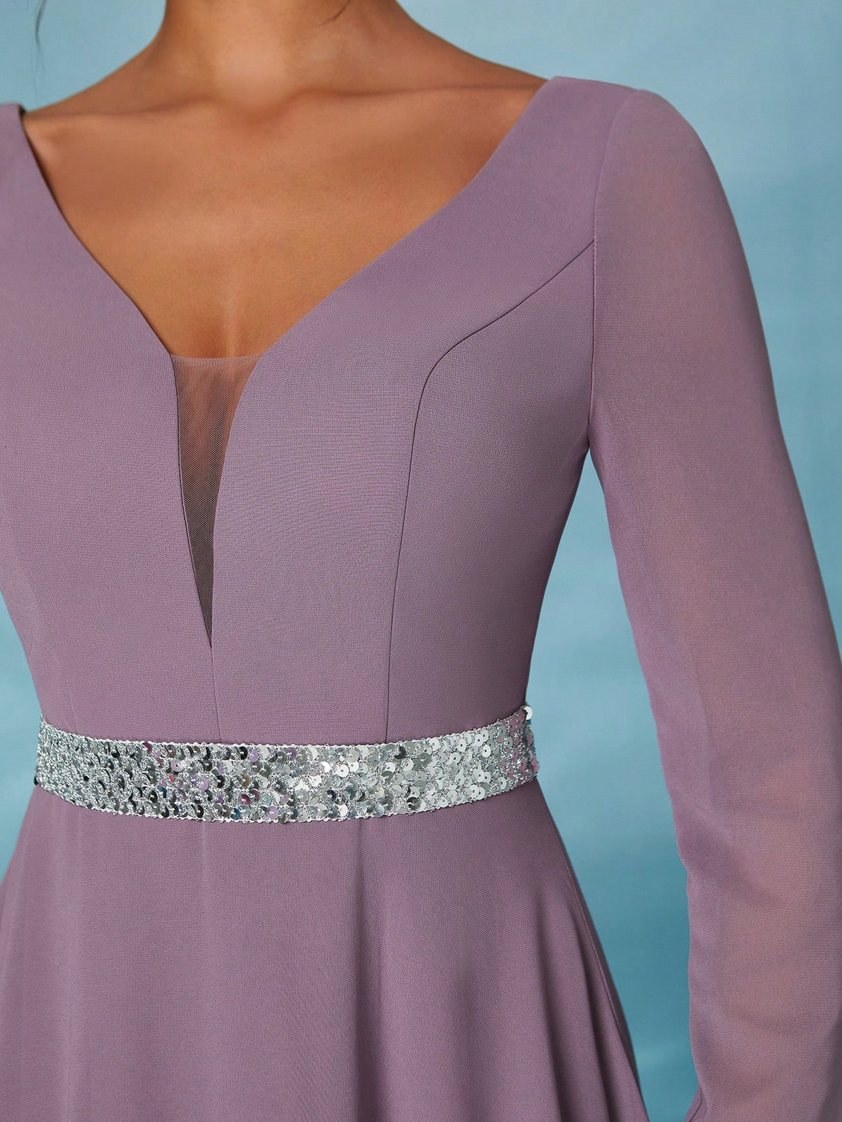 Long Sleeve Sequin Belt Layered Chiffon Asymmetrical Hem Maxi Dress