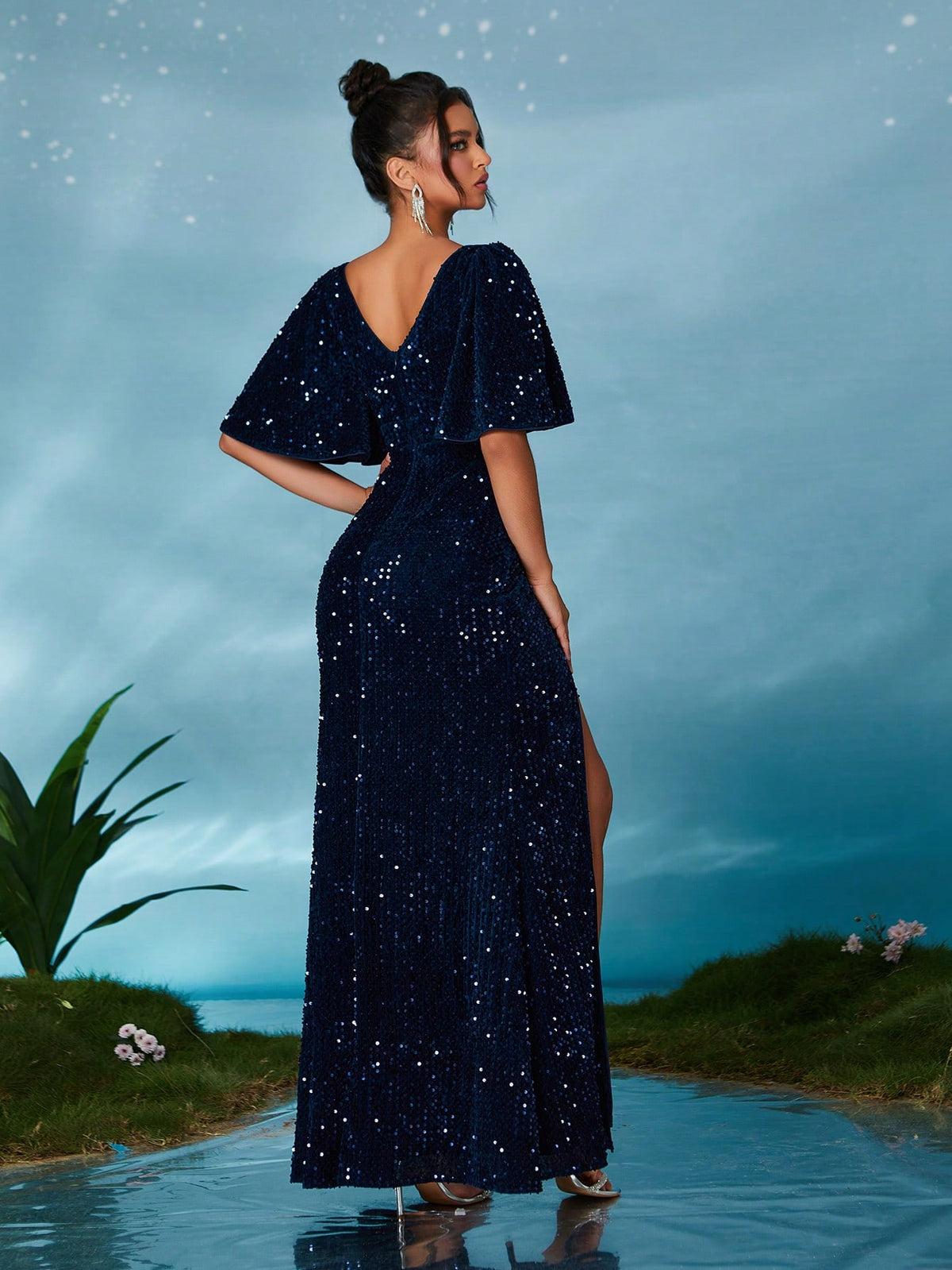 V-Neck Velvet Sequined Piece With Frilled Front Skirt And Slit At The Hem - High-End Evening Gown