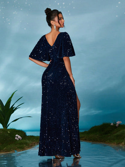 V-Neck Velvet Sequined Piece With Frilled Front Skirt And Slit At The Hem - High-End Evening Gown