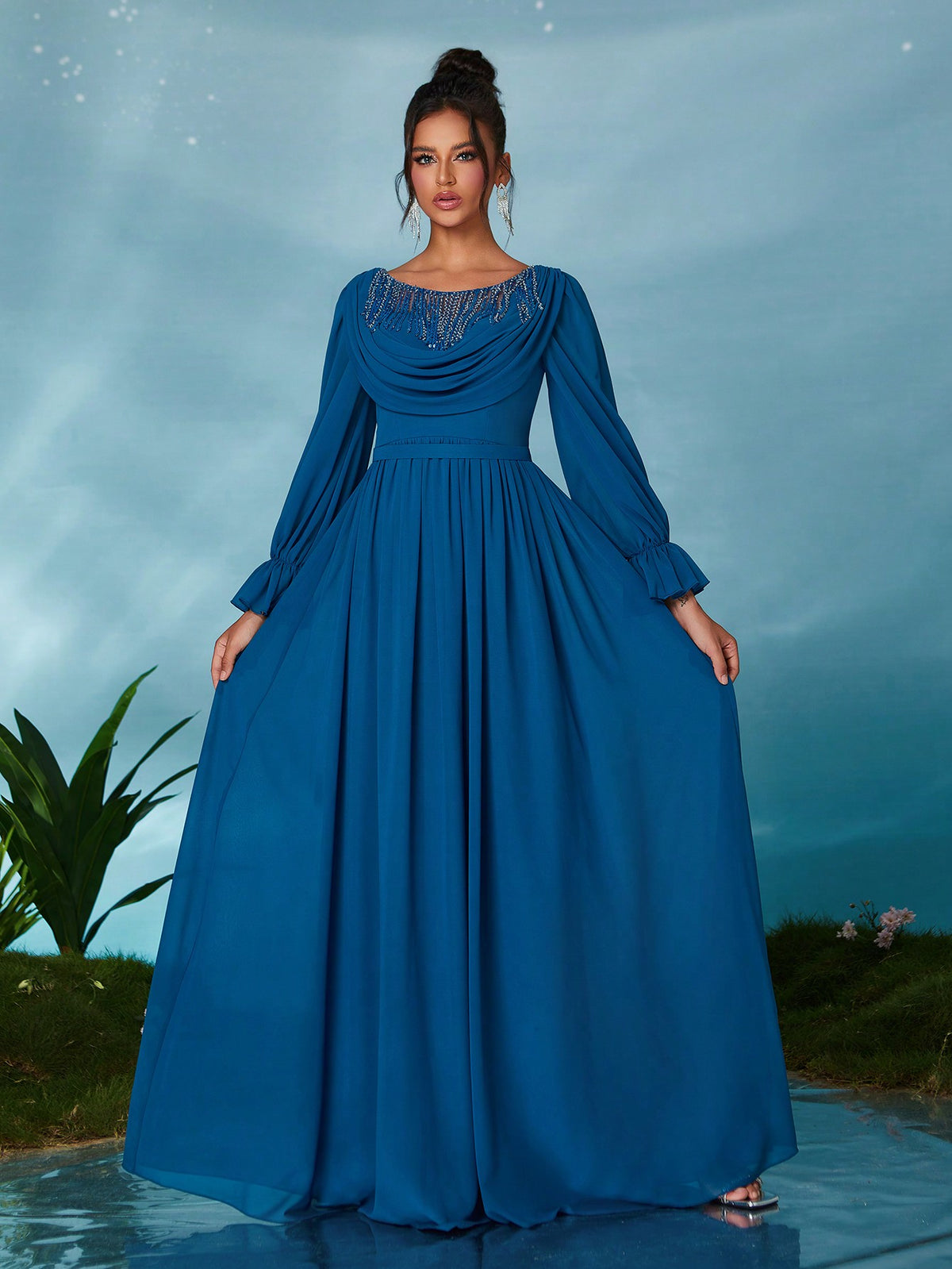 Round Neck Pearl Beaded Floral Lace Chiffon Blouson Formal Evening Gown, Elegant Long Sleeve Prom Dress, For Wedding Guest, Graduation, Dinner
