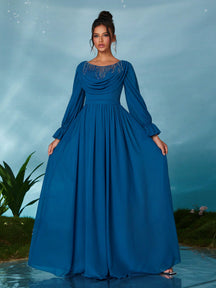 Round Neck Pearl Beaded Floral Lace Chiffon Blouson Formal Evening Gown, Elegant Long Sleeve Prom Dress, For Wedding Guest, Graduation, Dinner