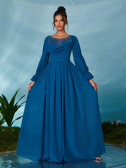 Round Neck Pearl Beaded Floral Lace Chiffon Blouson Formal Evening Gown, Elegant Long Sleeve Prom Dress, For Wedding Guest, Graduation, Dinner