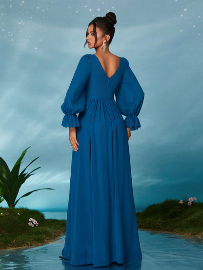 Round Neck Pearl Beaded Floral Lace Chiffon Blouson Formal Evening Gown, Elegant Long Sleeve Prom Dress, For Wedding Guest, Graduation, Dinner