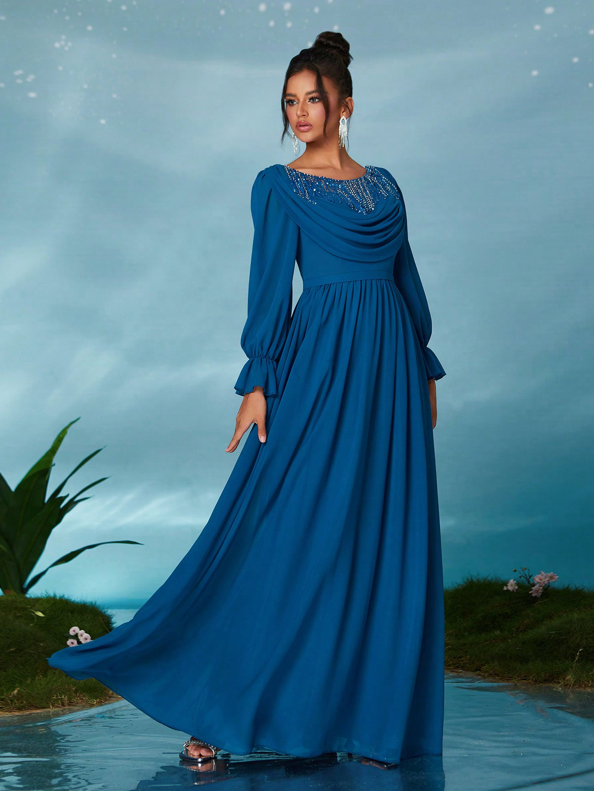 Round Neck Pearl Beaded Floral Lace Chiffon Blouson Formal Evening Gown, Elegant Long Sleeve Prom Dress, For Wedding Guest, Graduation, Dinner