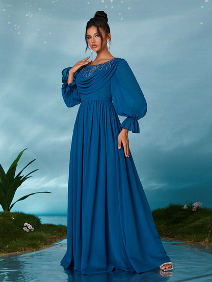 Round Neck Pearl Beaded Floral Lace Chiffon Blouson Formal Evening Gown, Elegant Long Sleeve Prom Dress, For Wedding Guest, Graduation, Dinner