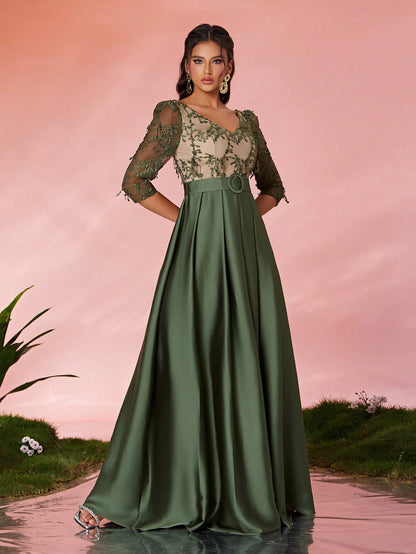 V-Neck Embroidered Lace Mid-Length Sleeve Contrast-Painted Satin Decorative Buttoned Wide-Legged Dress