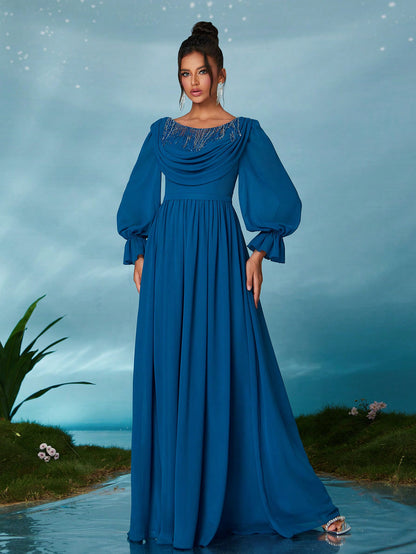 Round Neck Pearl Beaded Floral Lace Chiffon Blouson Formal Evening Gown, Elegant Long Sleeve Prom Dress, For Wedding Guest, Graduation, Dinner