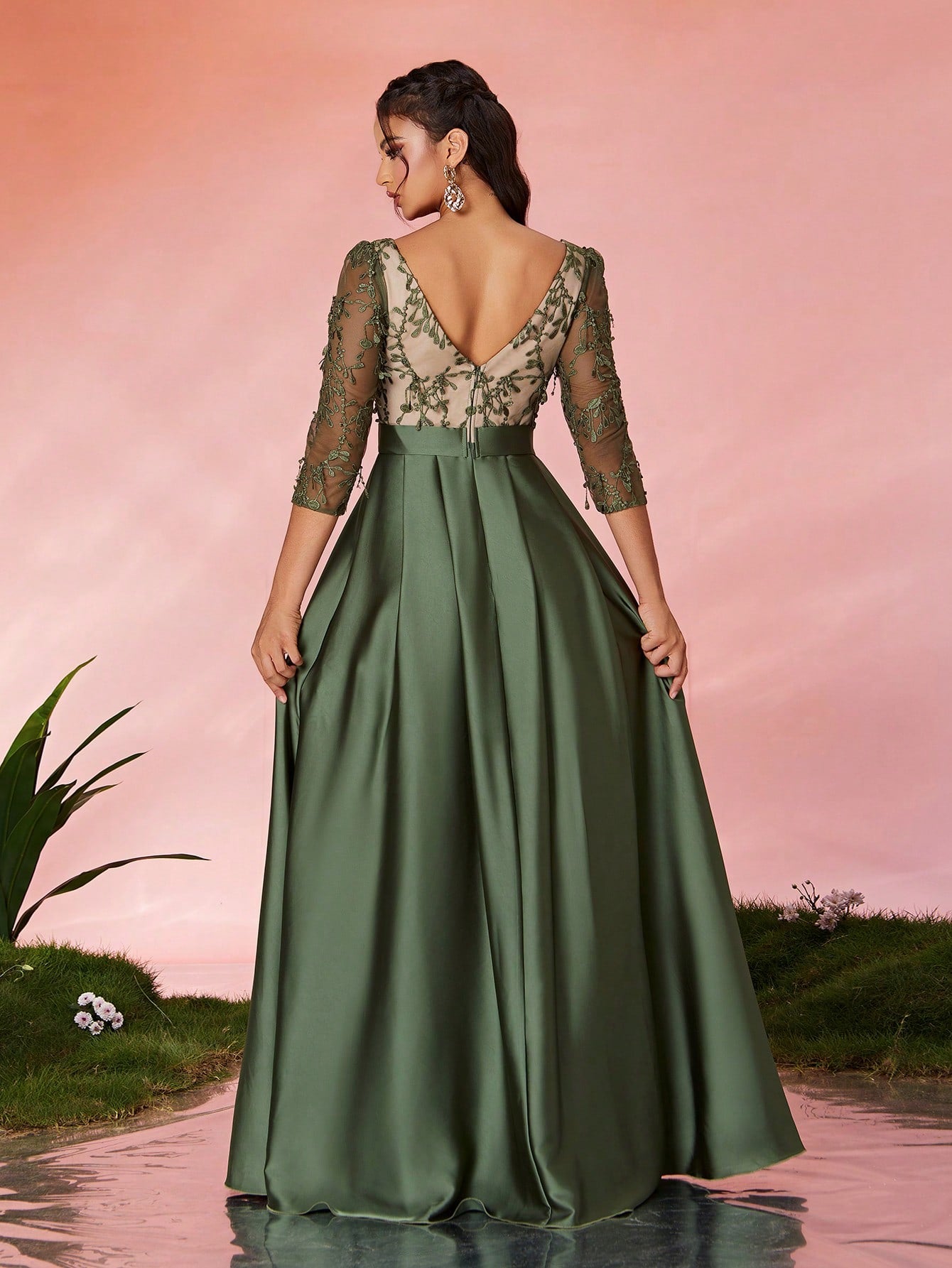V-Neck Embroidered Lace Mid-Length Sleeve Contrast-Painted Satin Decorative Buttoned Wide-Legged Dress