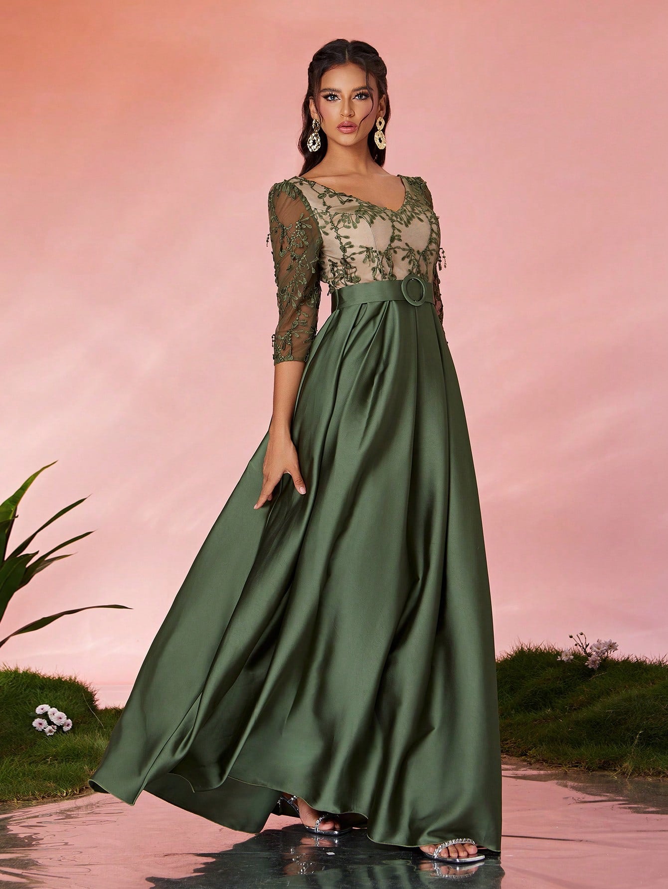 V-Neck Embroidered Lace Mid-Length Sleeve Contrast-Painted Satin Decorative Buttoned Wide-Legged Dress