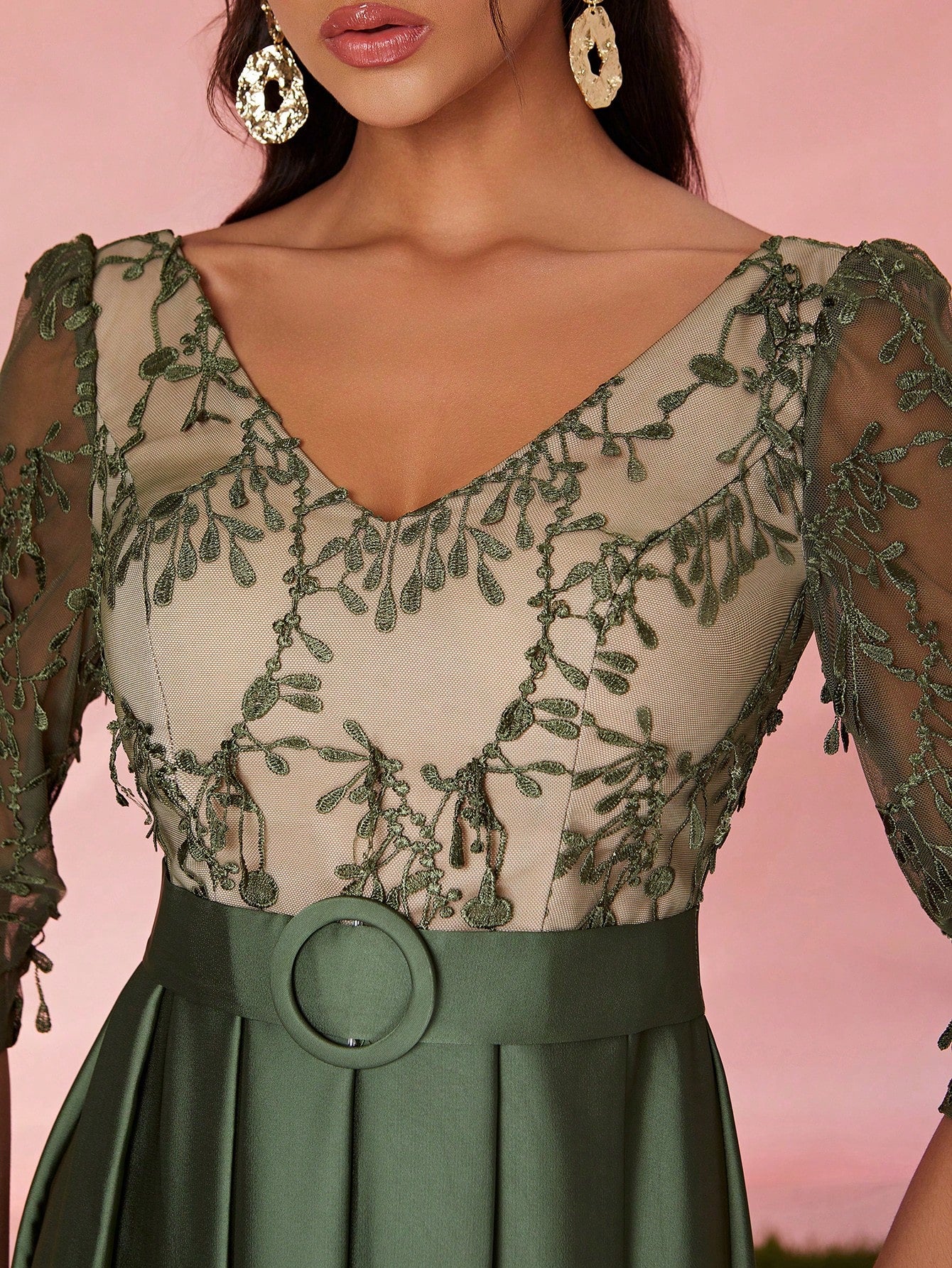 V-Neck Embroidered Lace Mid-Length Sleeve Contrast-Painted Satin Decorative Buttoned Wide-Legged Dress