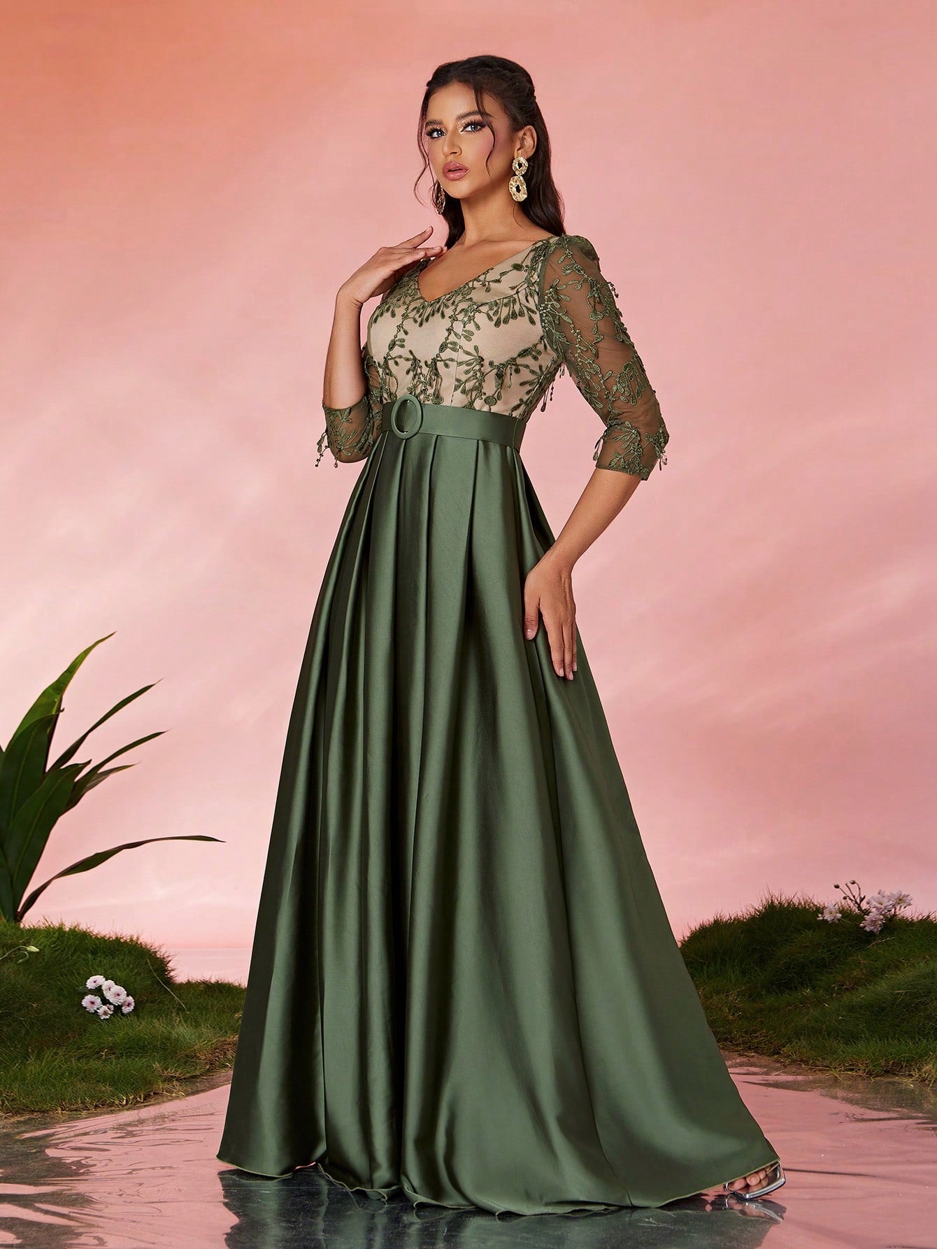 V-Neck Embroidered Lace Mid-Length Sleeve Contrast-Painted Satin Decorative Buttoned Wide-Legged Dress
