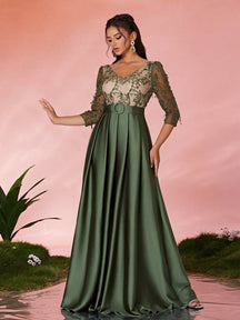 V-Neck Embroidered Lace Mid-Length Sleeve Contrast-Painted Satin Decorative Buttoned Wide-Legged Dress