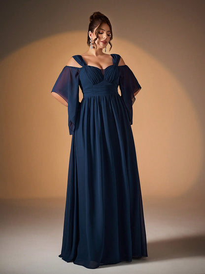 New Elegant Off-Shoulder Bridesmaid Dress, Ruffle Flare Sleeve Chiffon Dress For Women, Plus Size Party Wedding