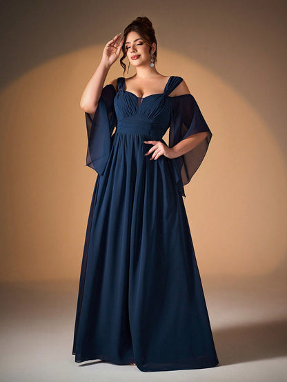 New Elegant Off-Shoulder Bridesmaid Dress, Ruffle Flare Sleeve Chiffon Dress For Women, Plus Size Party Wedding