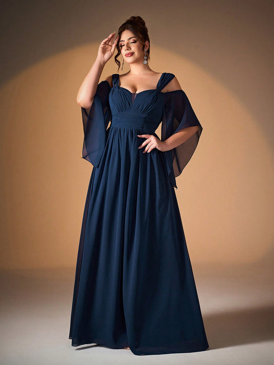New Elegant Off-Shoulder Bridesmaid Dress, Ruffle Flare Sleeve Chiffon Dress For Women, Plus Size Party Wedding
