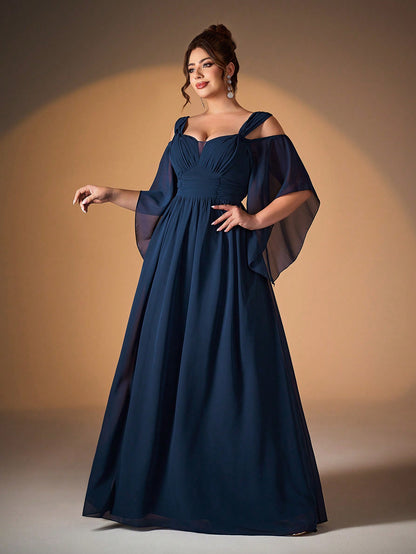 New Elegant Off-Shoulder Bridesmaid Dress, Ruffle Flare Sleeve Chiffon Dress For Women, Plus Size Party Wedding