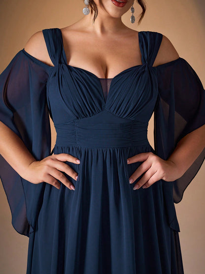 New Elegant Off-Shoulder Bridesmaid Dress, Ruffle Flare Sleeve Chiffon Dress For Women, Plus Size Party Wedding
