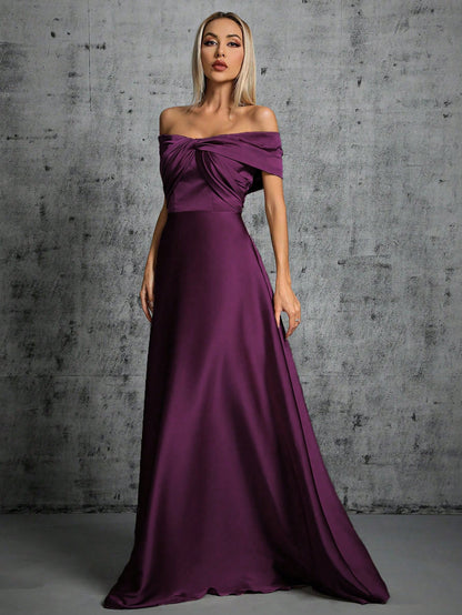 One-Shoulder Irregularly Folded Pleated Satin Long Dress With Wide Skirt Wedding