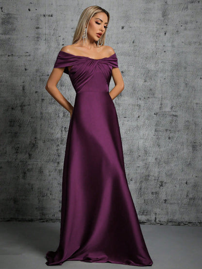 One-Shoulder Irregularly Folded Pleated Satin Long Dress With Wide Skirt Wedding