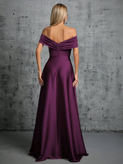 One-Shoulder Irregularly Folded Pleated Satin Long Dress With Wide Skirt Wedding