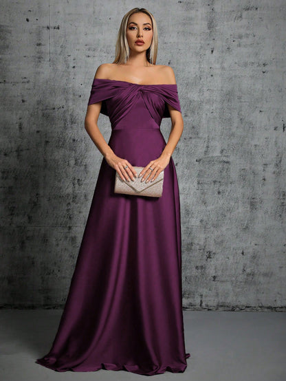 One-Shoulder Irregularly Folded Pleated Satin Long Dress With Wide Skirt Wedding