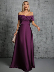 One-Shoulder Irregularly Folded Pleated Satin Long Dress With Wide Skirt Wedding