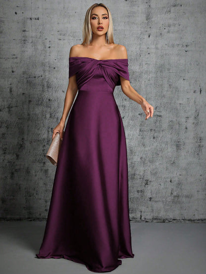 One-Shoulder Irregularly Folded Pleated Satin Long Dress With Wide Skirt Wedding