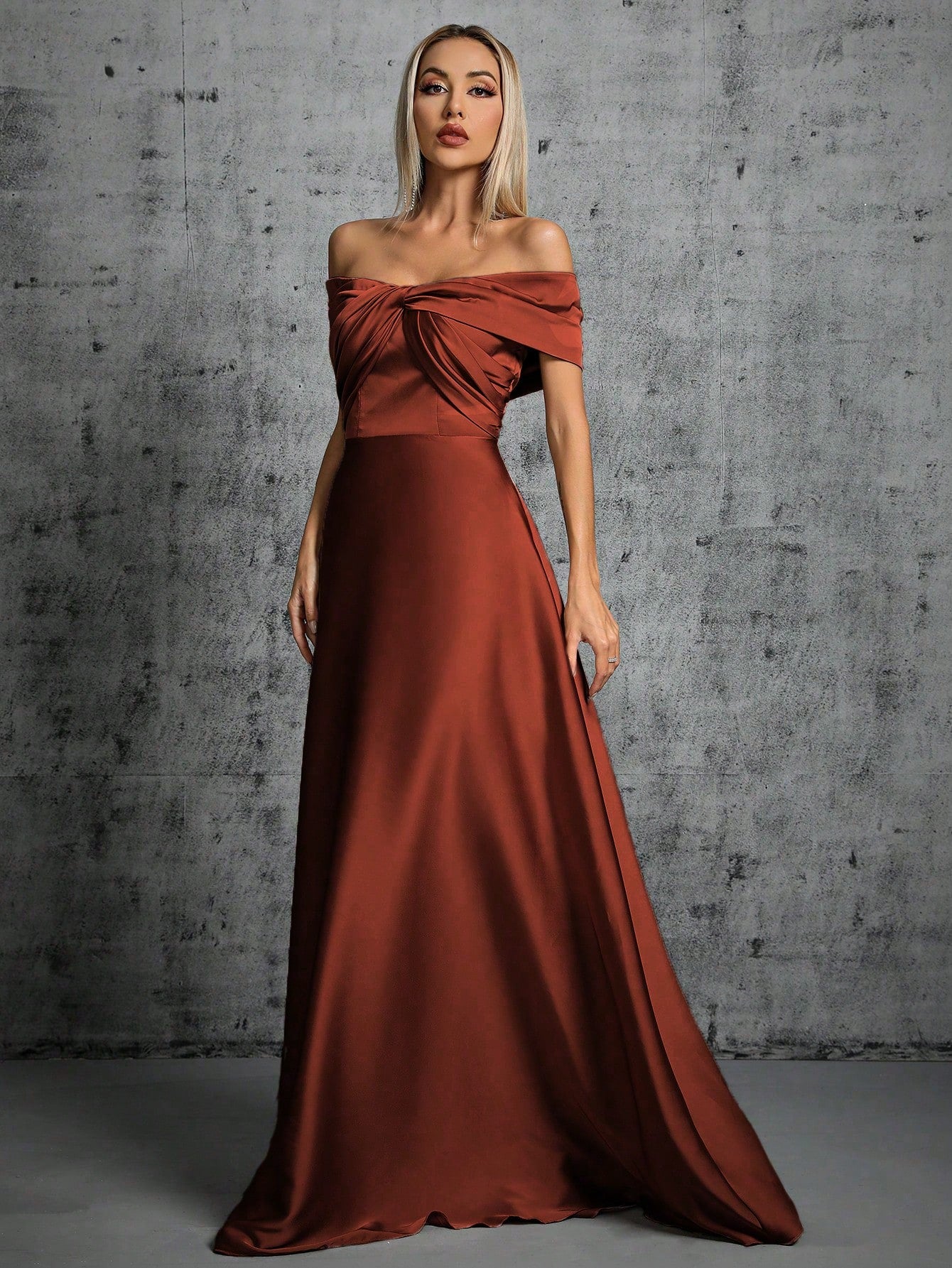 One-Shoulder Irregularly Folded Pleated Satin Long Dress With Wide Skirt Wedding