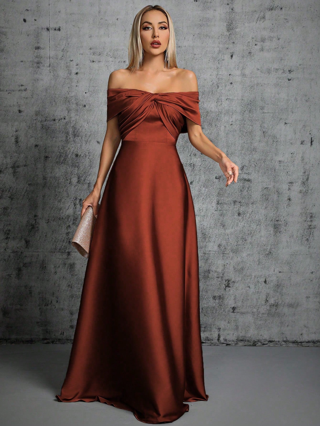 One-Shoulder Irregularly Folded Pleated Satin Long Dress With Wide Skirt Wedding