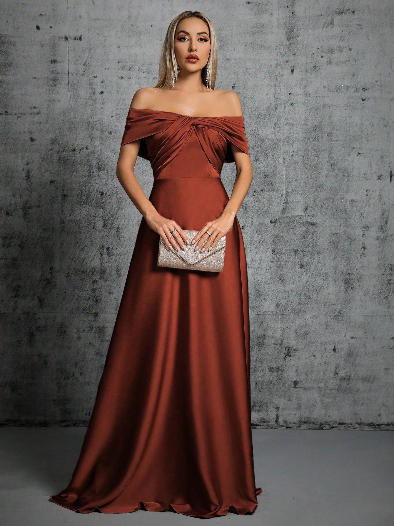 One-Shoulder Irregularly Folded Pleated Satin Long Dress With Wide Skirt Wedding