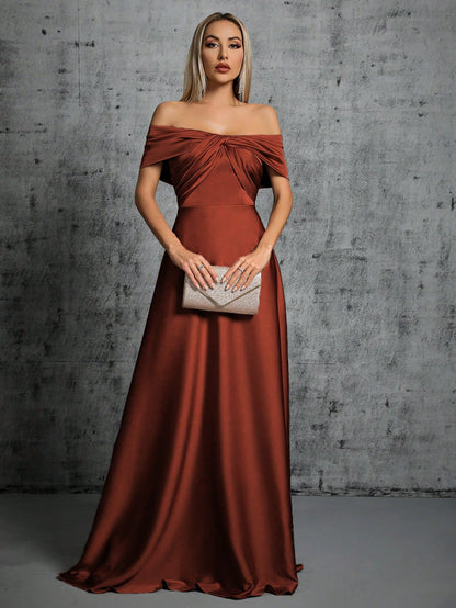 One-Shoulder Irregularly Folded Pleated Satin Long Dress With Wide Skirt Wedding