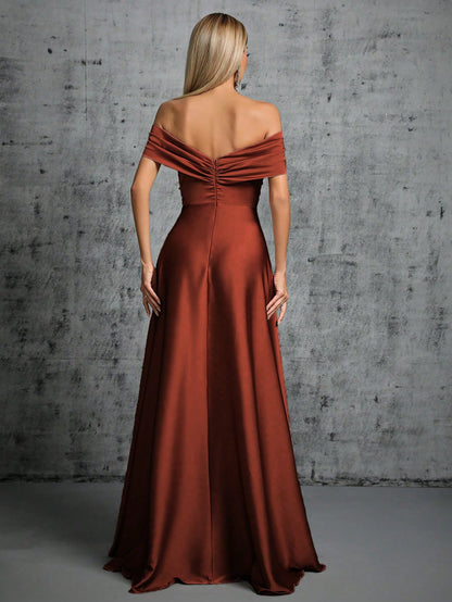 One-Shoulder Irregularly Folded Pleated Satin Long Dress With Wide Skirt Wedding