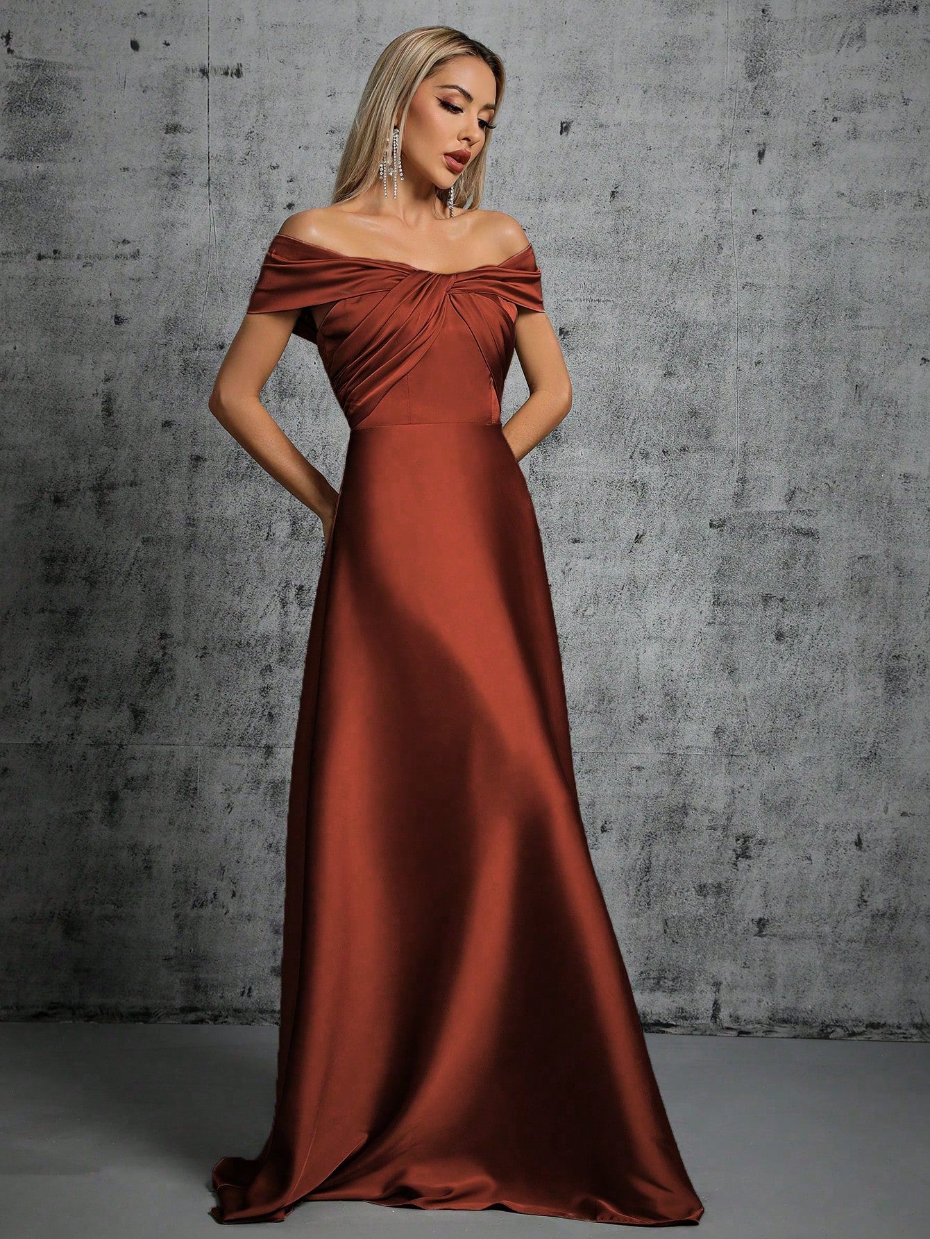 One-Shoulder Irregularly Folded Pleated Satin Long Dress With Wide Skirt Wedding
