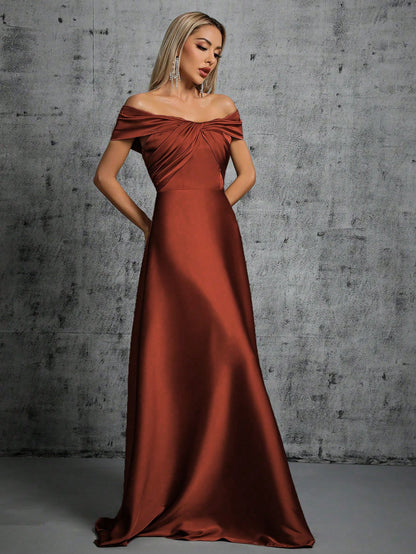 One-Shoulder Irregularly Folded Pleated Satin Long Dress With Wide Skirt Wedding