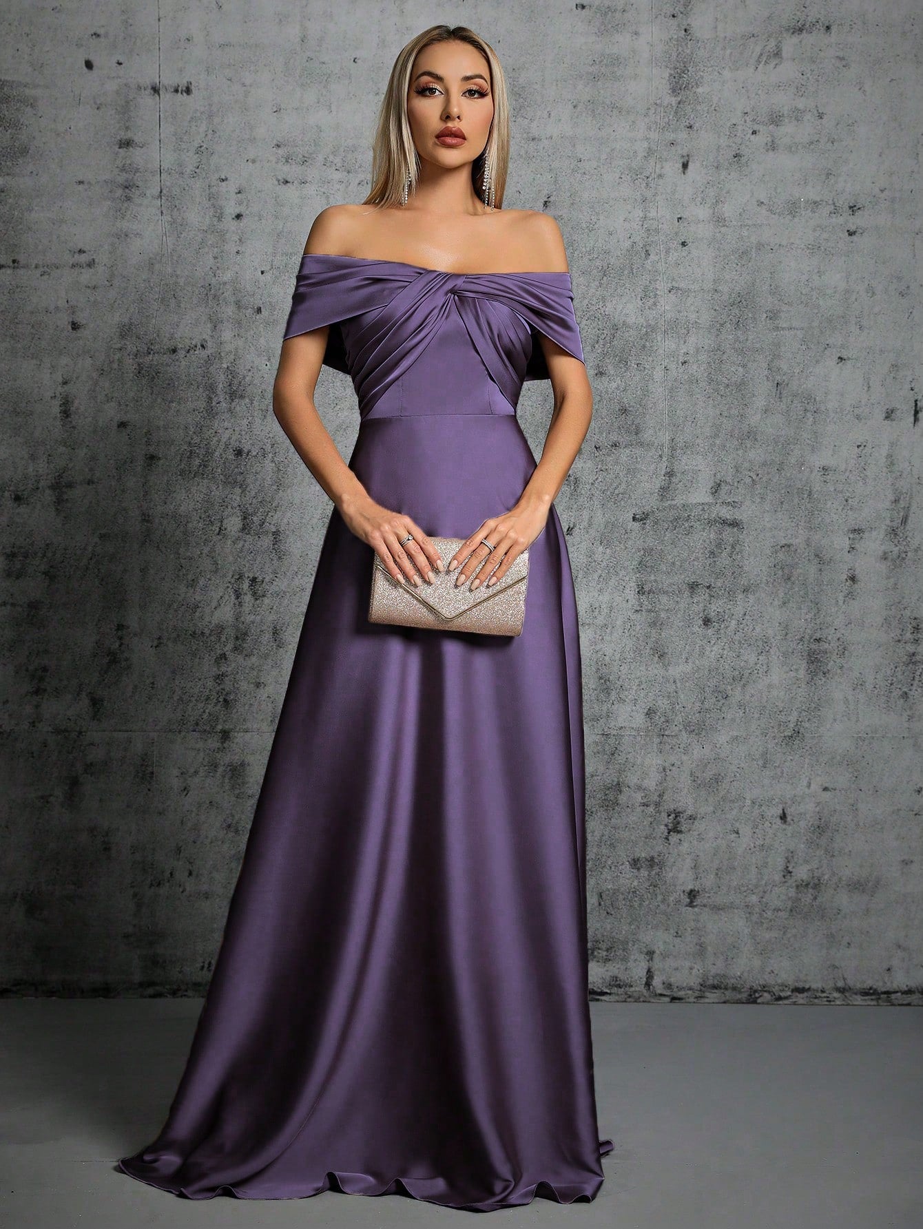 One-Shoulder Irregularly Folded Pleated Satin Long Dress With Wide Skirt Wedding