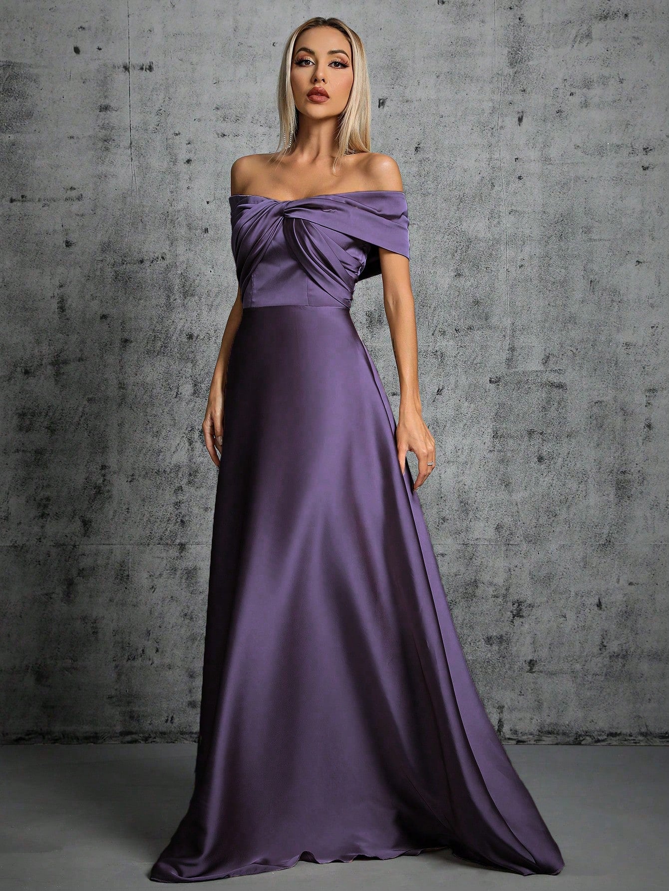One-Shoulder Irregularly Folded Pleated Satin Long Dress With Wide Skirt Wedding