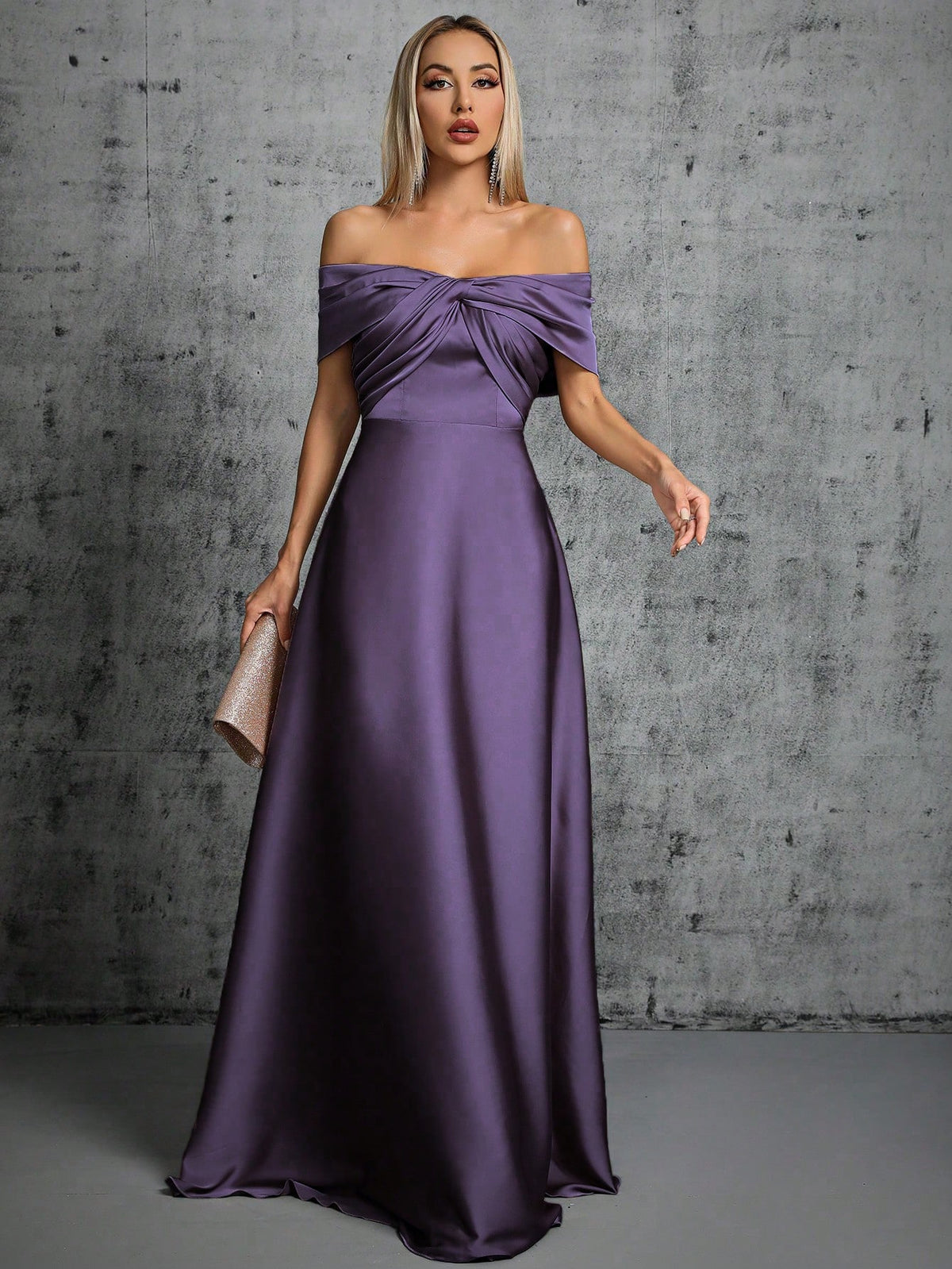 One-Shoulder Irregularly Folded Pleated Satin Long Dress With Wide Skirt Wedding