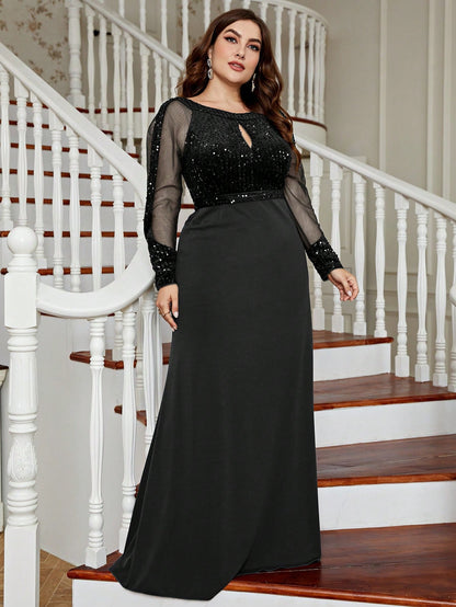 Plus Size Women's Shiny Mesh Evening Gown, Sequin Mermaid Style, Suitable For Wedding Guests, Formal Occasions