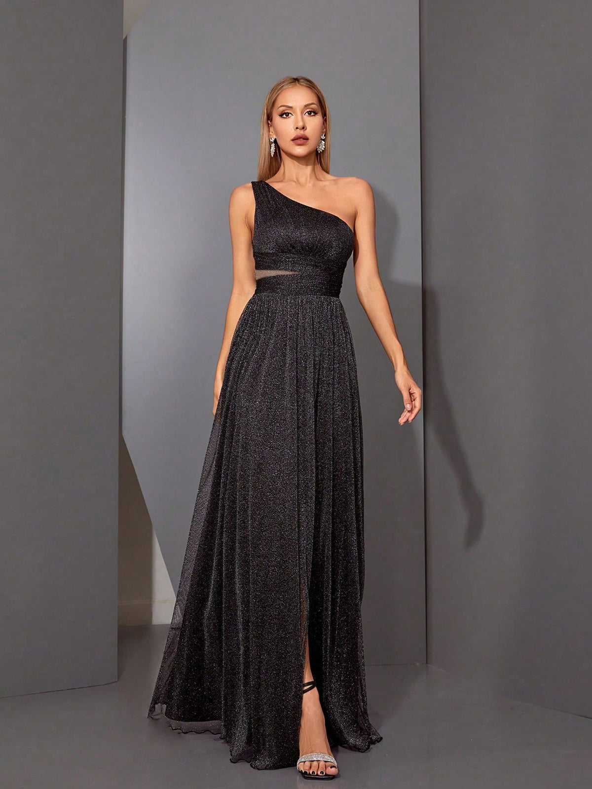 Asymmetrical One Shoulder Pleated Bust & Hollow Waist High Split A-Line Mesh Dress, Bridesmaid Dress Wedding Spring