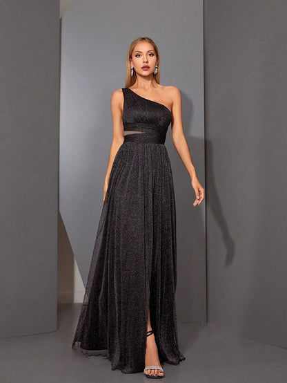 Asymmetrical One Shoulder Pleated Bust & Hollow Waist High Split A-Line Mesh Dress, Bridesmaid Dress Wedding Spring