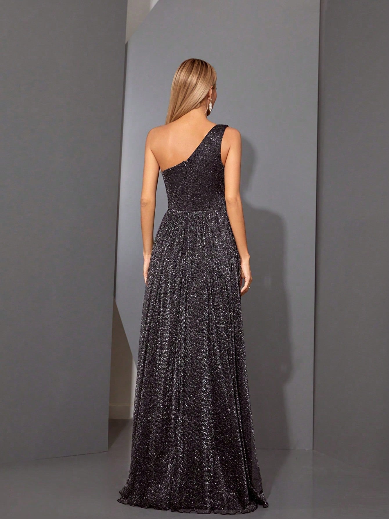 Asymmetrical One Shoulder Pleated Bust & Hollow Waist High Split A-Line Mesh Dress, Bridesmaid Dress Wedding Spring