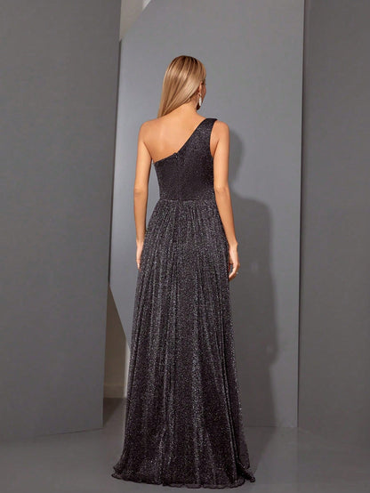 Asymmetrical One Shoulder Pleated Bust & Hollow Waist High Split A-Line Mesh Dress, Bridesmaid Dress Wedding Spring