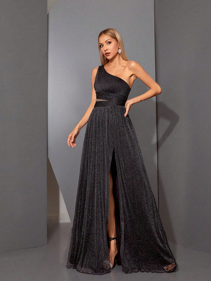 Asymmetrical One Shoulder Pleated Bust & Hollow Waist High Split A-Line Mesh Dress, Bridesmaid Dress Wedding Spring