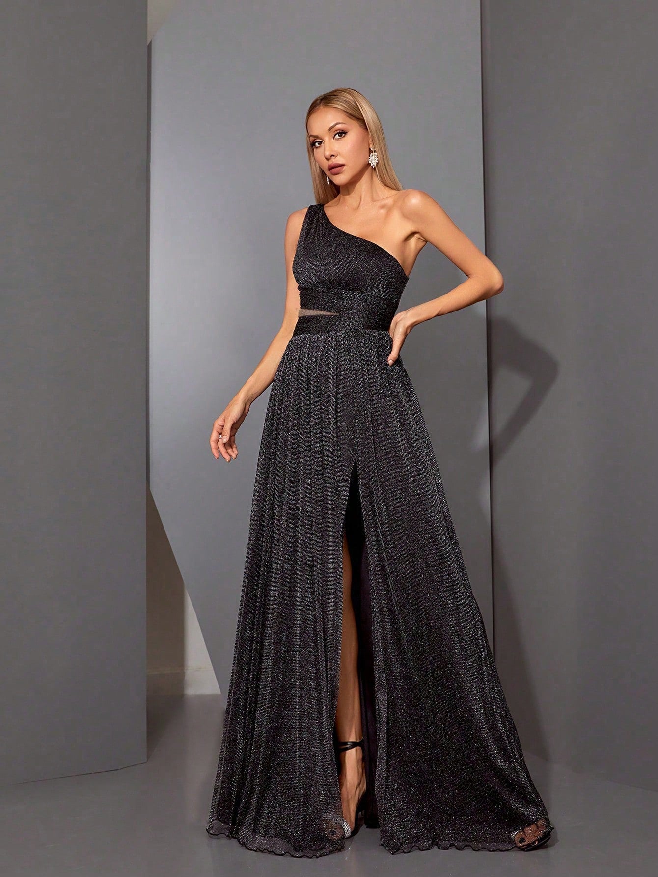 Asymmetrical Neck Draped Bust, Hollow Waist, High Slit A-Line Long Chiffon Dress, Bridesmaid Dress Wedding Spring