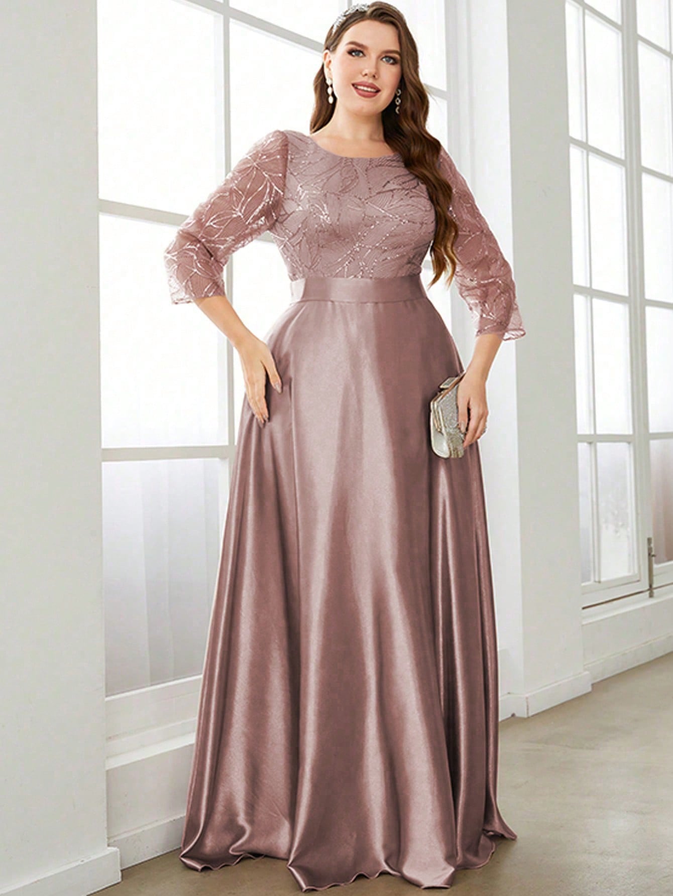 Plus Size Long Sleeve Round Neck Sequin & Satin Patchwork Maxi Length Dress, Formal, Party Dress, Gown, For Evening, Wedding Guest Spring